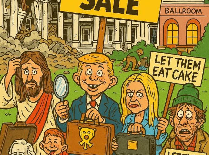 Agent Orange Holds Garage Sale on site of demolished East WIng of White House to fund government